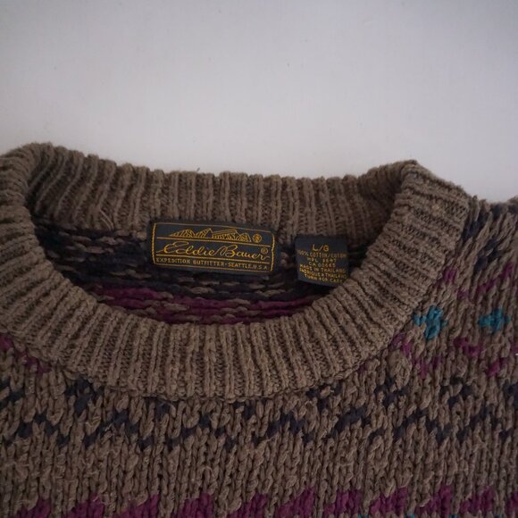 VTG Eddie Bauer Brown Cotton Knit Fair Isle Cabincore Eclectic Grandpa Sweater L - Picture 4 of 10